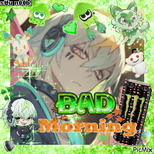 a picture of a boy with headphones and a can of monster energy drink says bad morning
