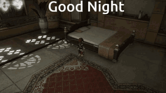 a bedroom with a bed and a rug and the words good night