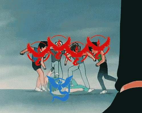 a group of people with red circles around them and a blue pokemon in the middle