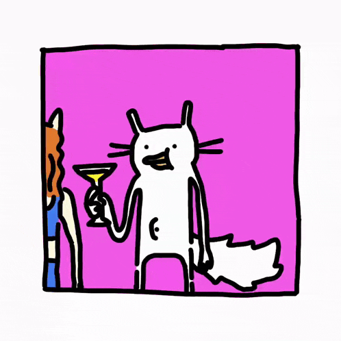 a cartoon drawing of a cat holding a wine glass