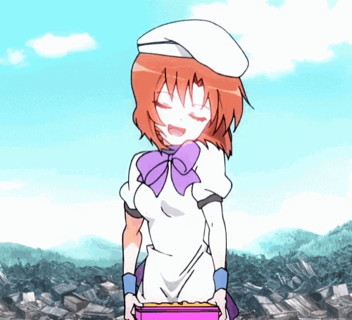 a girl with red hair and a purple bow is holding a pink box