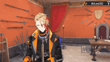 a video game character named axel3d is standing in front of a wall full of weapons