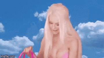 a barbie doll is holding a pink purse in front of a blue sky with clouds