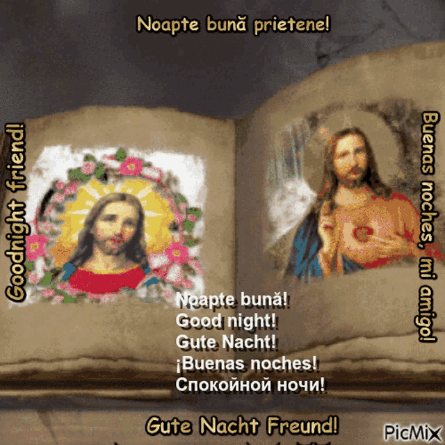 an open book with two pictures of jesus on it