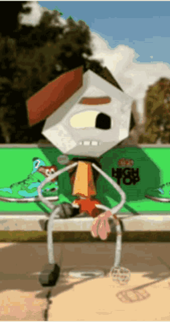 a cartoon character sitting on a bench with a green background