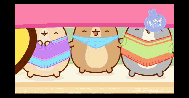 three cartoon characters are standing under a blanket with a sign that says my best week