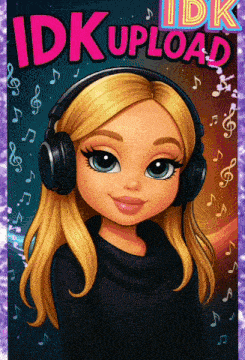 a cartoon girl wearing headphones and the words idk upload on the bottom