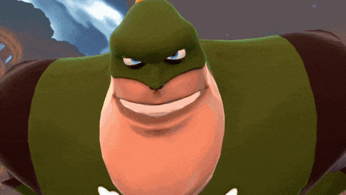 a cartoon character is wearing a green mask