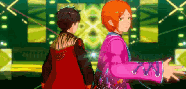 a man and a woman are standing next to each other on a stage in a video game .