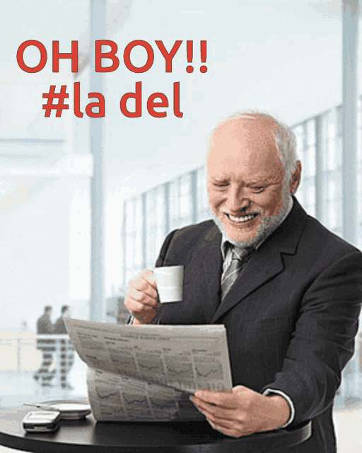 an older man in a suit is reading a newspaper and drinking a cup of coffee