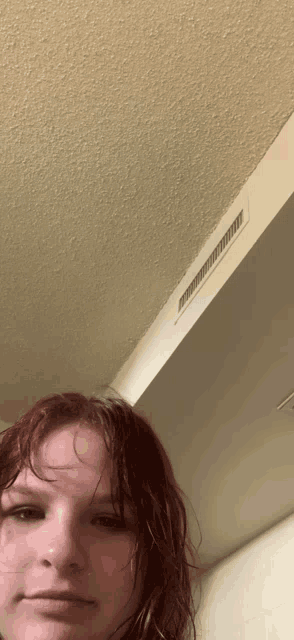 a woman with red hair is taking a picture of herself