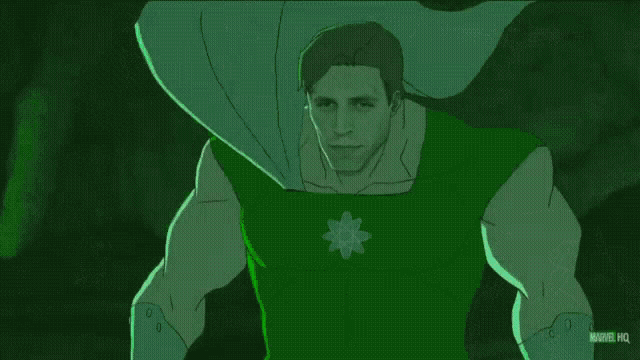 a cartoon of a man with a green light coming out of his eyes .