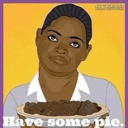 a cartoon of a woman holding a pie with the words `` have some pie '' .