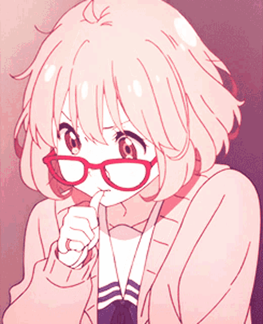 a girl with pink hair and red glasses is holding her finger to her lips
