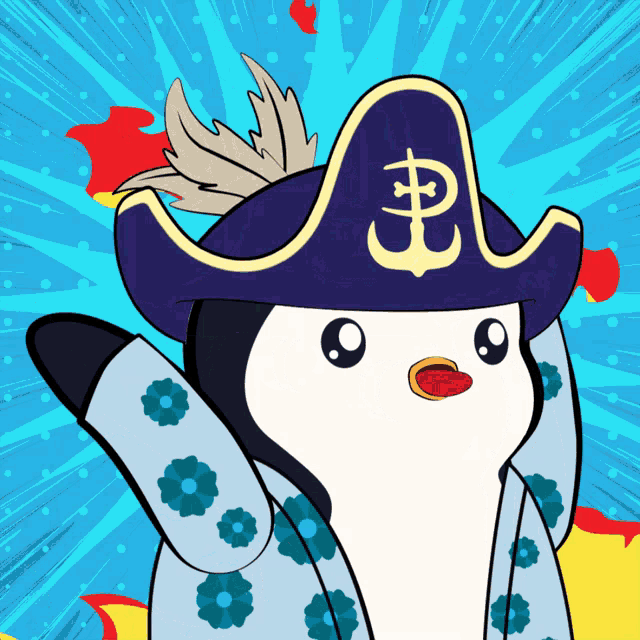 a cartoon penguin wearing a pirate hat with a anchor on it