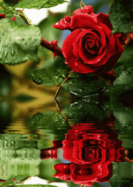 a red rose is reflected in the water with a green background