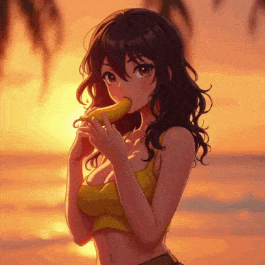 a girl is eating a banana on a beach at sunset