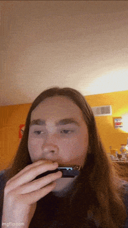 a man with long hair is playing a harmonica in a room
