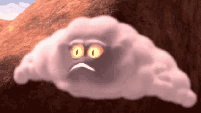 a cartoon cloud with big orange eyes and a sad look on its face