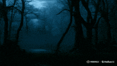 a man in a suit and tie is standing in a dark forest with the words minimaxel hailuo ai below him