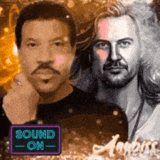 two men are standing next to each other with a neon sign that says sound on on it .