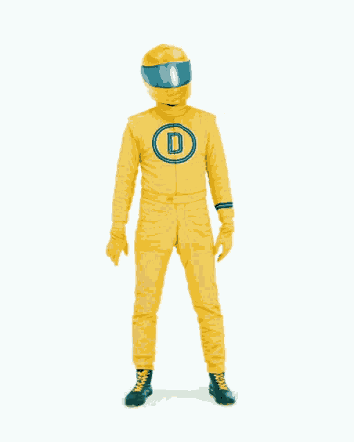 a man in a yellow suit and helmet makes a heart shape with his hands and the words love it below him