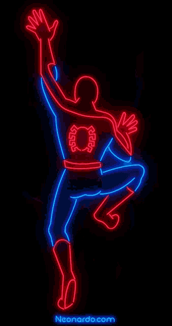 a neon sign of a superhero with a spider web on his back .