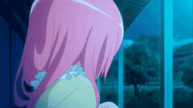 a girl with pink hair stands in front of a blue sky