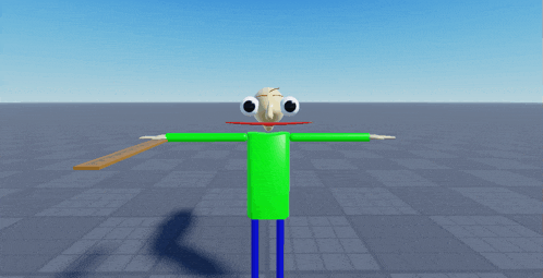 a 3d model of a cartoon character with big eyes and a wooden ruler