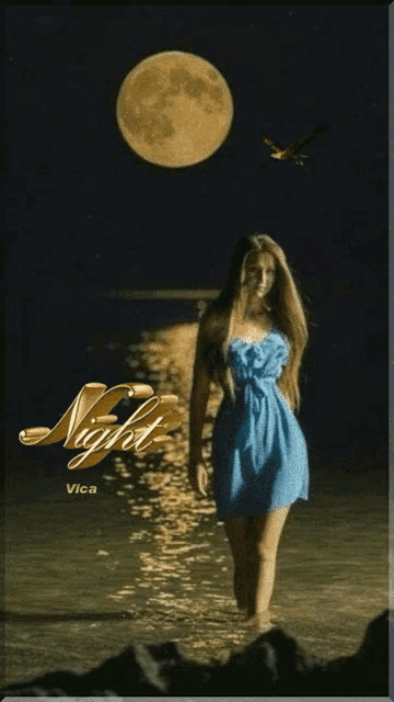 a woman in a blue dress is walking in the water at night with a full moon in the background