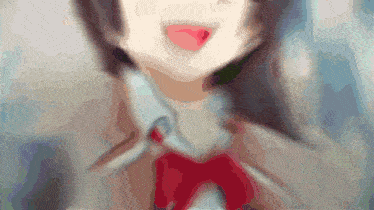 a blurry picture of a girl with a red bow tie sticking her tongue out