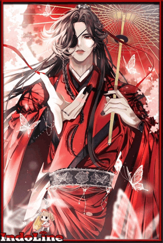 a man in a red kimono is holding an umbrella and the word indoline is on the bottom