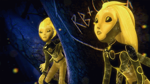 a couple of cartoon characters standing next to each other and one of them has the letter a on her face
