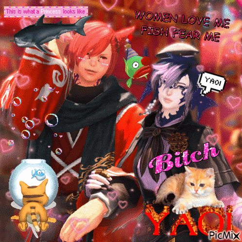 a collage of cartoon characters with the words women love me fish fear me