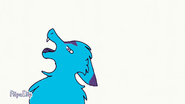 a cartoon drawing of a blue wolf with its mouth open and its tongue out .