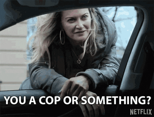 a woman leaning out of a car window with the words you a cop or something written below her