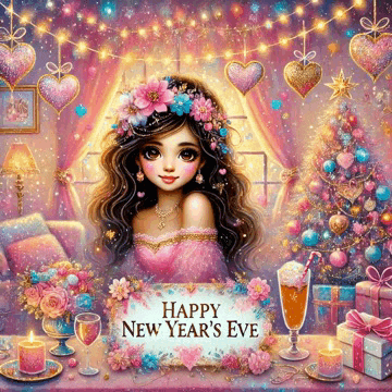 a happy new year 's eve greeting card with a girl with flowers in her hair