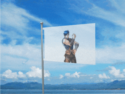 a flag with a picture of a man flying in the sky