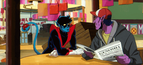 two cartoon characters are sitting at a table reading a newspaper called genosha