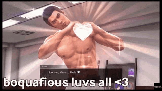 a shirtless man in a video game holds a heart in his hands and says i love you master