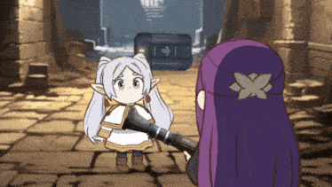 a cartoon drawing of a girl with purple hair holding a cannon