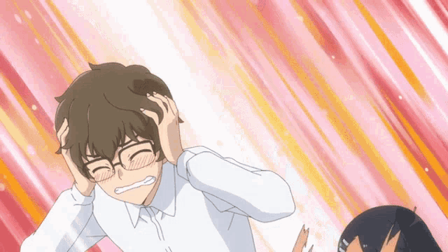 a cartoon character with glasses is holding his head in pain