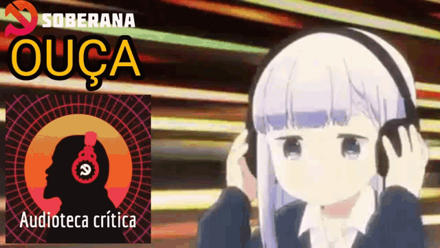 a girl wearing headphones with soberana ouca audioteca critica written on the bottom