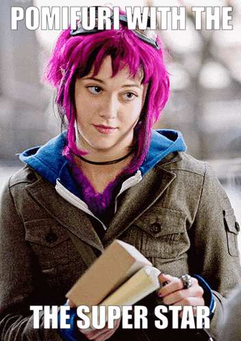 a girl with pink hair is holding a book with the caption " pomifuri with the the super star "