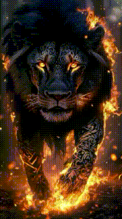 a black lion is surrounded by flames and has a tattoo on its leg