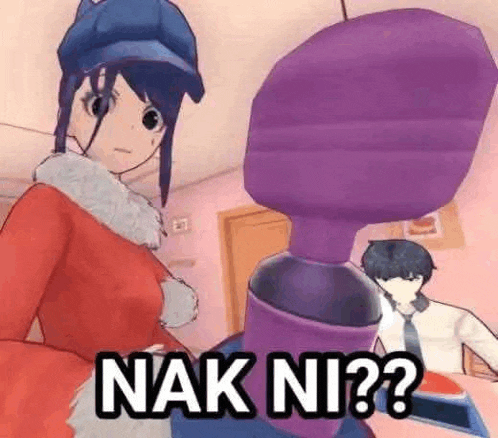 a cartoon girl is standing next to a purple object that says nak ni ?