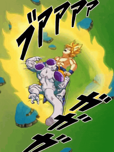 a cartoon of a man fighting a purple monster with the letters aaa visible