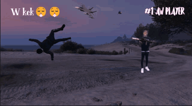 a video game screen shows a man doing a handstand and a man holding a gun with # 1 av player written above him