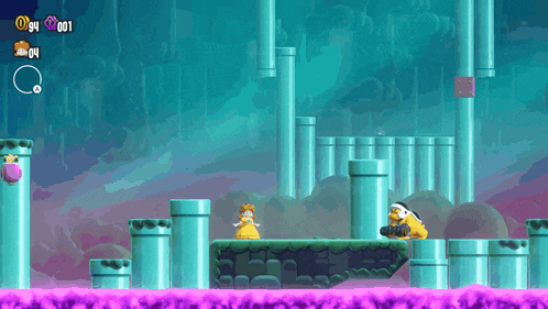 a video game screen shows a princess and a penguin on a purple platform