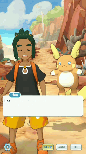 a screenshot of a video game with a character named hau talking to a pokemon